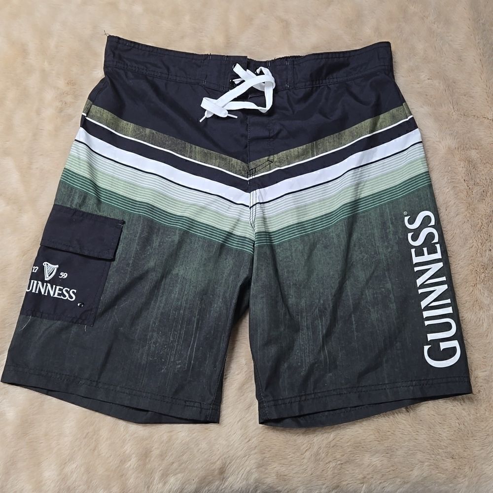 GUINNESS ALE GREEN AND BLACK STRIPED SWIM TRUNKS, SIZE XL